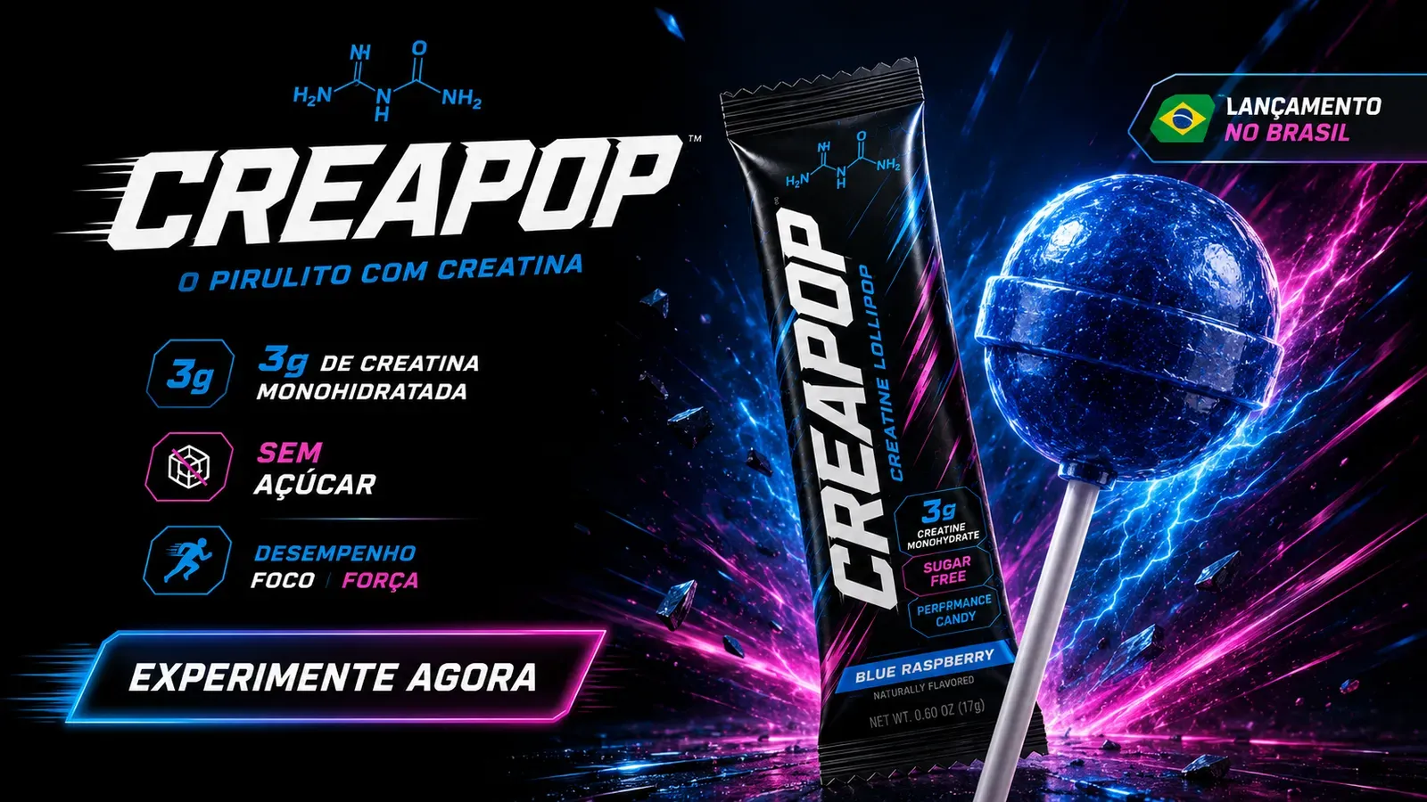 CREAPOP — pirulito com creatina, sabor Blue Raspberry