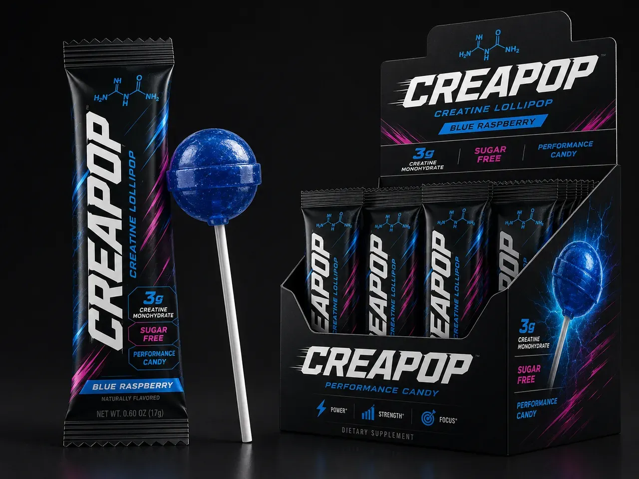 CREAPOP pirulito com creatina e caixa com 12 unidades